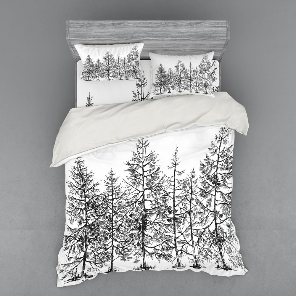 Winter Duvet Cover Set, Cold Pine Tree Landscape Under Puffy Snow Pile