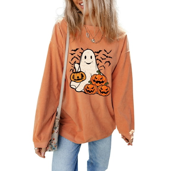 Women's Orange Halloween Ghost & Pumpkin Bat Print Pullover Sweatshirt - [ZhiHiMeRi] | (US 20-22)2XL