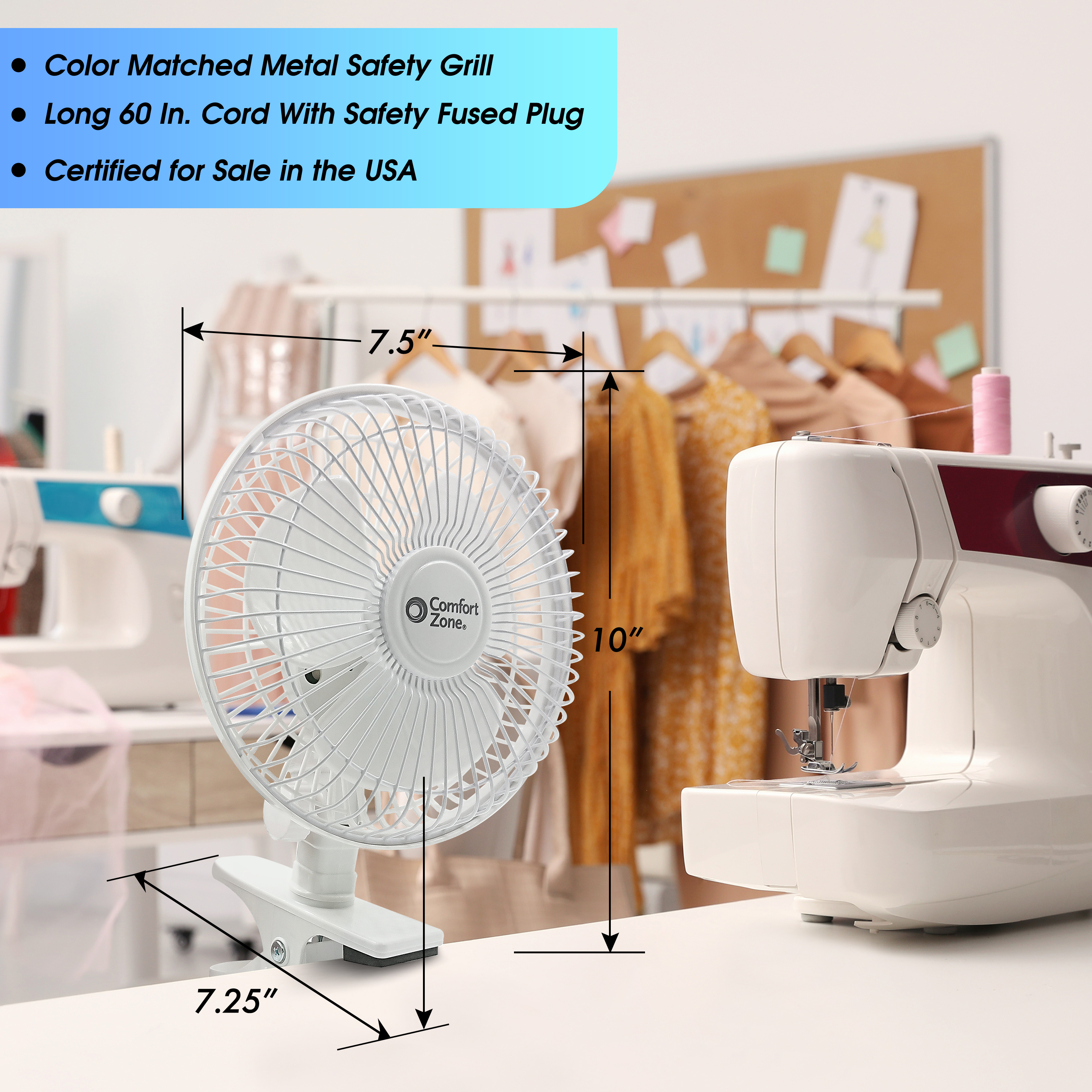 Comfort Zone 6" 2-Speed Portable, Indoor Desk Fan W/Clip, Adjustable Tilt, Rotates 360, White - image 5 of 7