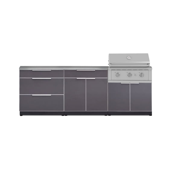 NewAge Products Outdoor Kitchen Aluminum 5 Piece Cabinet Set With 3 Drawer, Bar, Grill Cabinet, Performance Grill and Countertop