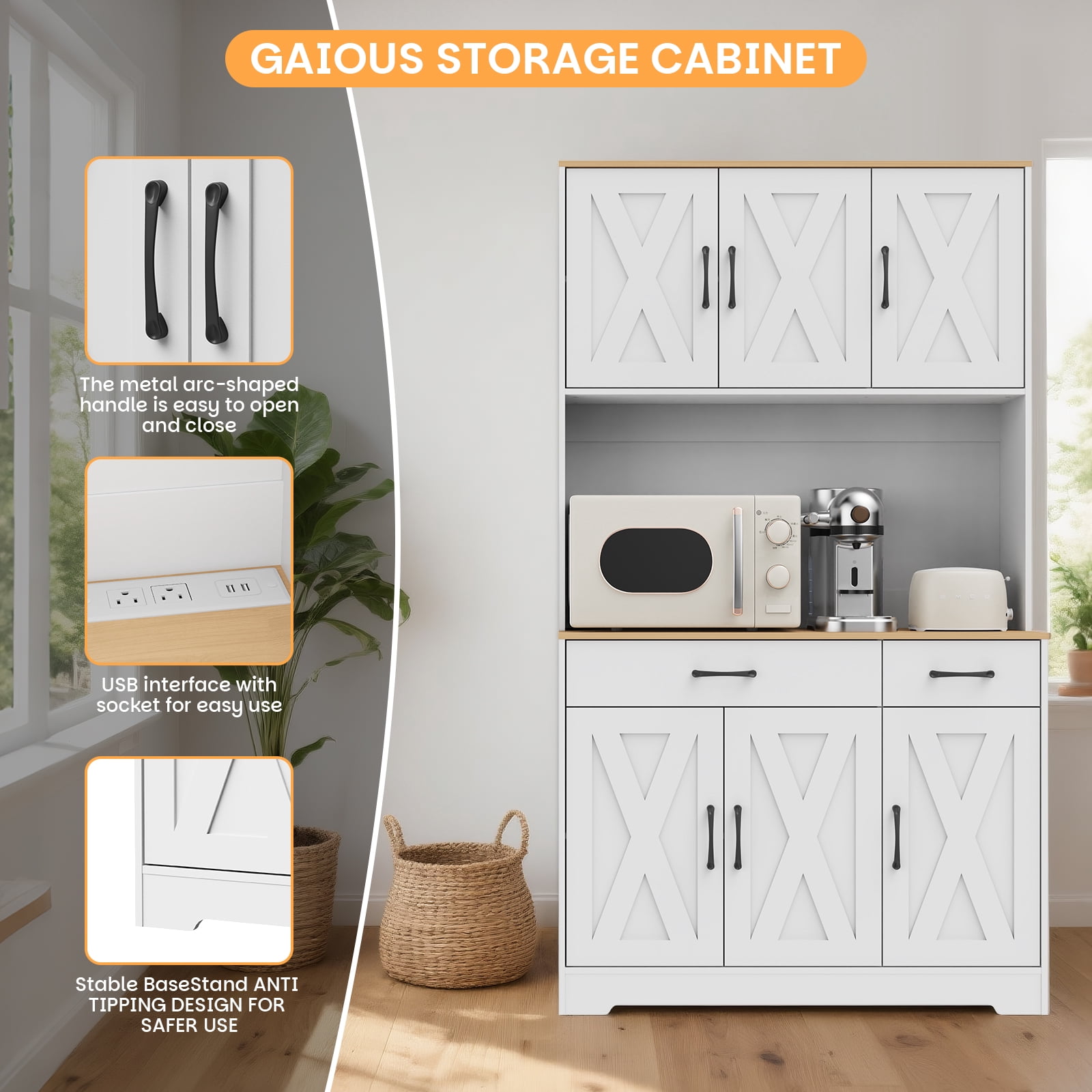 67" Tall Kitchen Pantry Cabinet with Charging Station, Farmhouse Hutch with Microwave Stand & Drawers for Dining Room & Living Room Storage，White