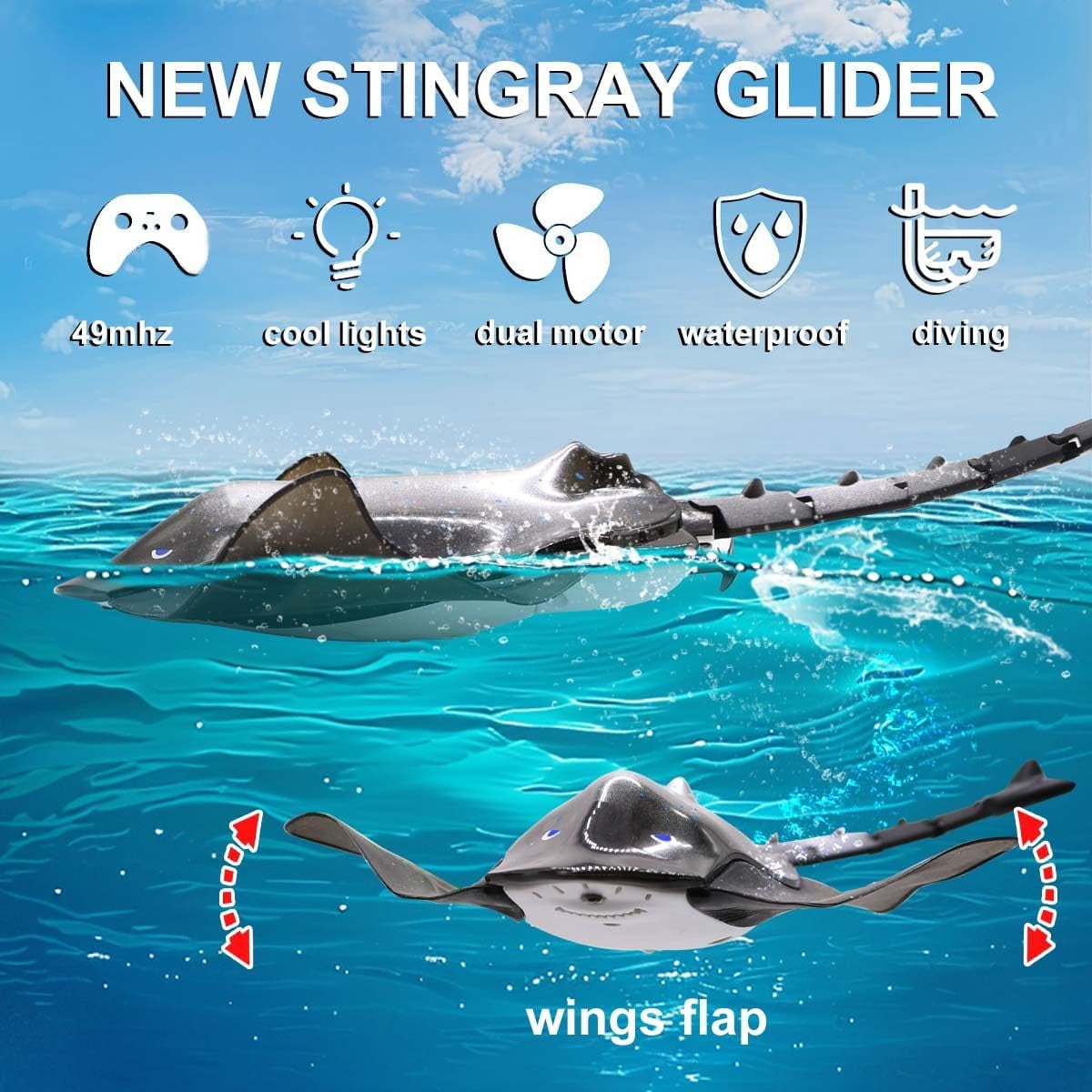 LAFALA Pool Toys Remote Control Stingray Diving into Water High Simulation Robot Manta ray Lights Rechargeable Battery Great Gift RC Boat for 8-12 Year Kids Black