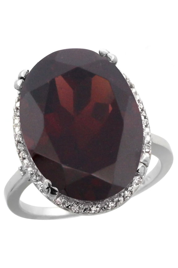 10k White Gold Natural Garnet Ring Large Oval 18x13mm Diamond Halo, size 5