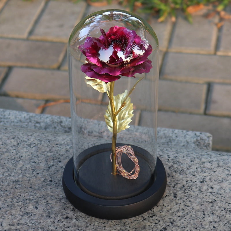 LED Galaxy Rose Flower in Glass Dome Wooden Base Romantic Gold Foil Rose Gift