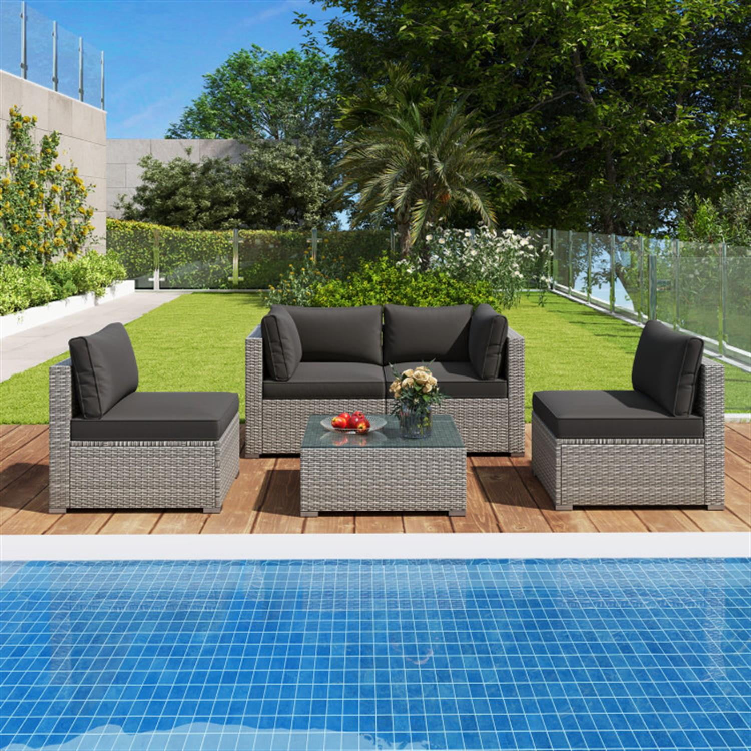 Demi Bonn 5-Piece Outdoor Patio Furniture Sets Sectional Sofa Couch and Glass Coffee Table with Cushions for Yard, Pool or Backyard, Black