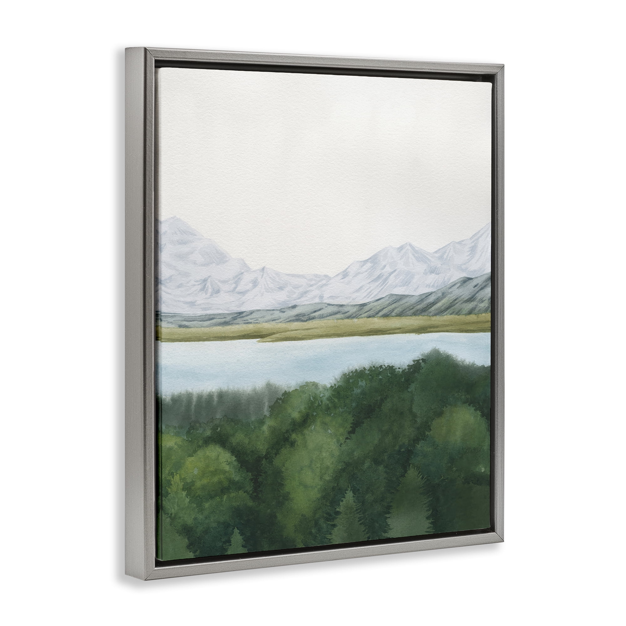 Stupell Industries Mountains & Forest Landscape Landscape & Nature Painting Gray Floater Framed Canvas Art Print Wall Art, 17 x 21