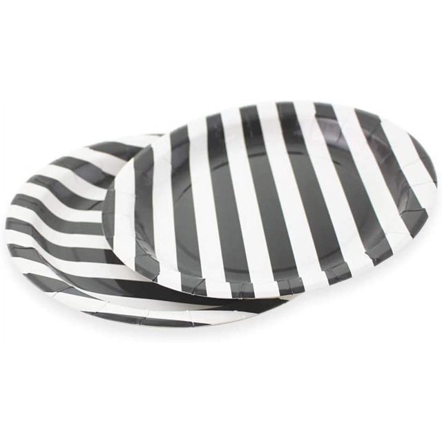 Assiettes en Papier à Rayures Noires 36 Pcs - Assiettes Rondes de 9 Pouces pour Desserts, Gâteaux, Fruits