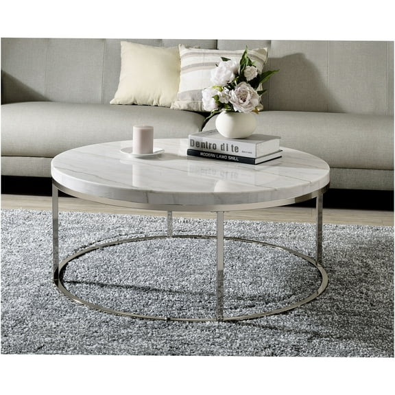 JERFIT Round Coffee Table with White Marble Top and Nickel Metal Base, Modern Accent Table for Living Room