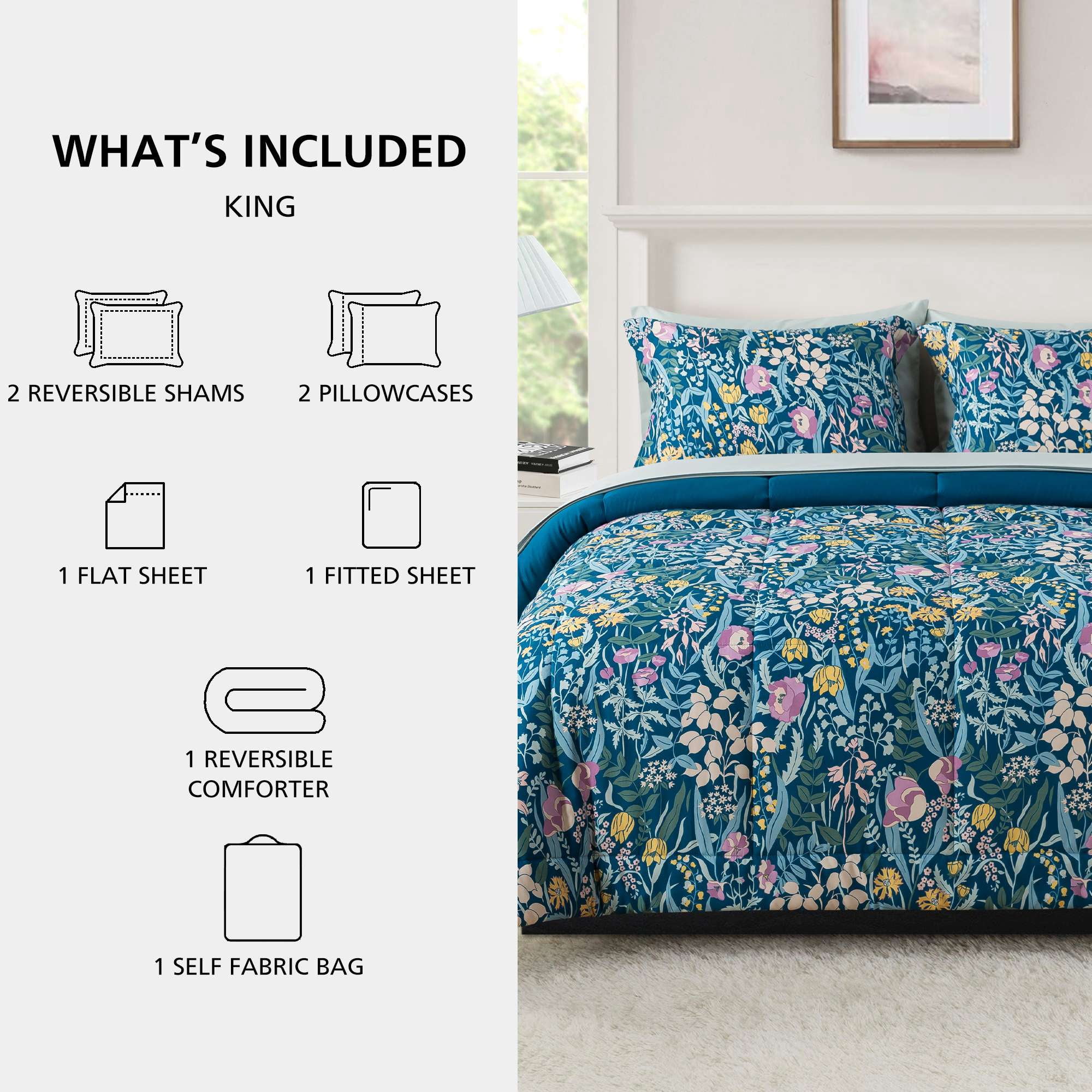 Mainstays All in One Reversible Comforter and Sheet Set, 7-Piece, King, Blue Floral