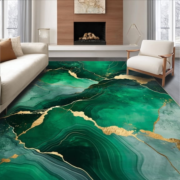 ODIKA 4'x6' Machine Washable Non-Slip Area Rug, Emerald Swirl Gold Vein Abstract Round High Traffic Rug, Green, 145575