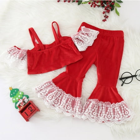 

Cathalem Sweatpants for Teen Toddler Girls Christmas Sleeveless Lace Vest T Shirt Tops Flare Pants Cute Outfits with Sweatpants Childrenscostume Red 12-18 Months
