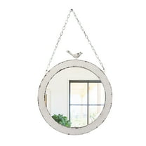 Vintage Large Round Mirrors for Wall Decor 19", Rustic Distressed White Hanging Mirror with Bird and Iron Chain, Farmhouse Metal Circle Wall Mirrors Decorative for Living Room Vanity Bedroom Entryway