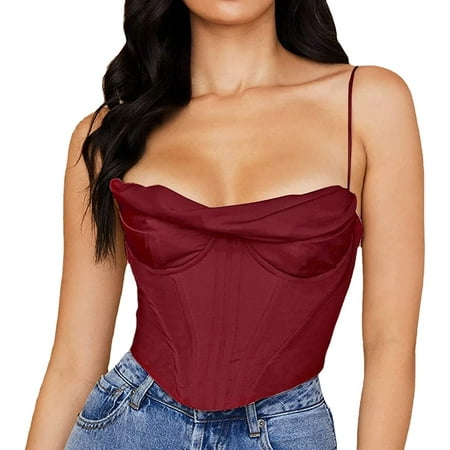 

CoCopeaunt Women s Sexy Cowl Neck Diamond Straps Tight Corset Crop Cami Top