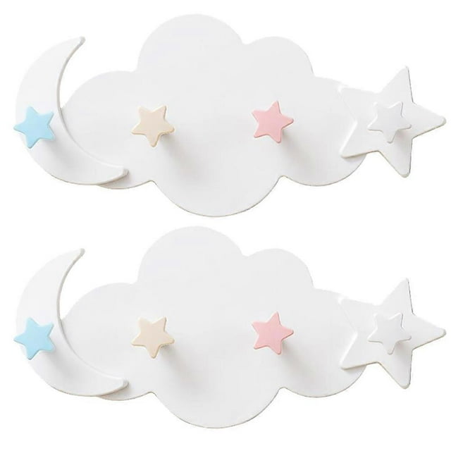 2pcs Lovely Cloud Moon Star Shaped Hooks Adhesive Wall Hangers Wall Racks (White)