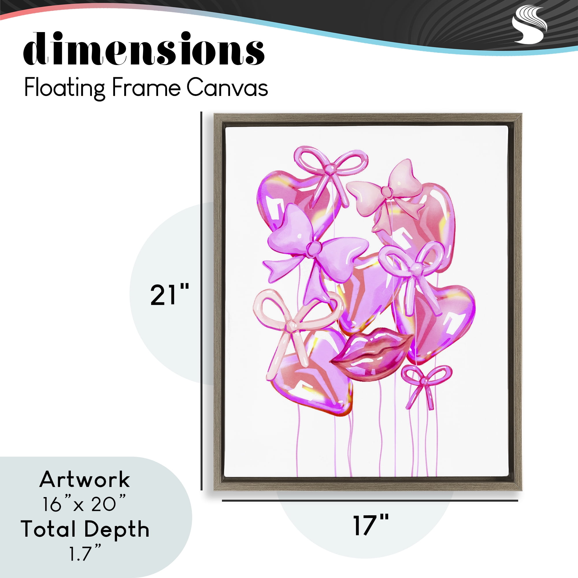 Pink Heart and Bow Balloons Brown Framed Floater Canvas Wall Art, design by Ziwei Li
