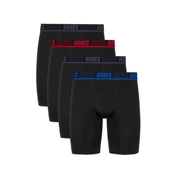 Hanes Moves Ultimate Men’s Anti-Chafe Long Leg Boxer Brief Underwear, X-Temp, 4-Pack, Black, 8" Assorted S