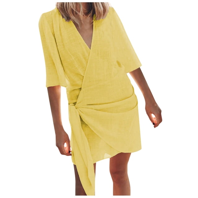 Vestido mediano de manga corta con cuello en V de lino para mujer: color liso, cómodo, se ajusta a la talla, para la playa o para llevar por la calle; tallas S-XXXL