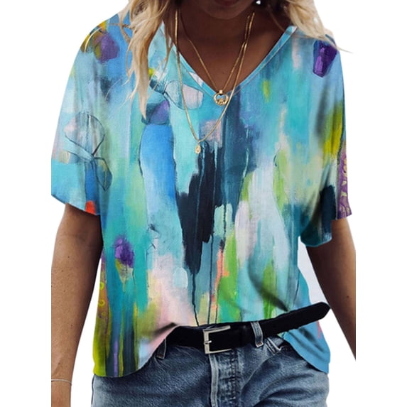 DYMADE Women V Neck Short Sleeve Floral Printed Shirt Blouses Tops