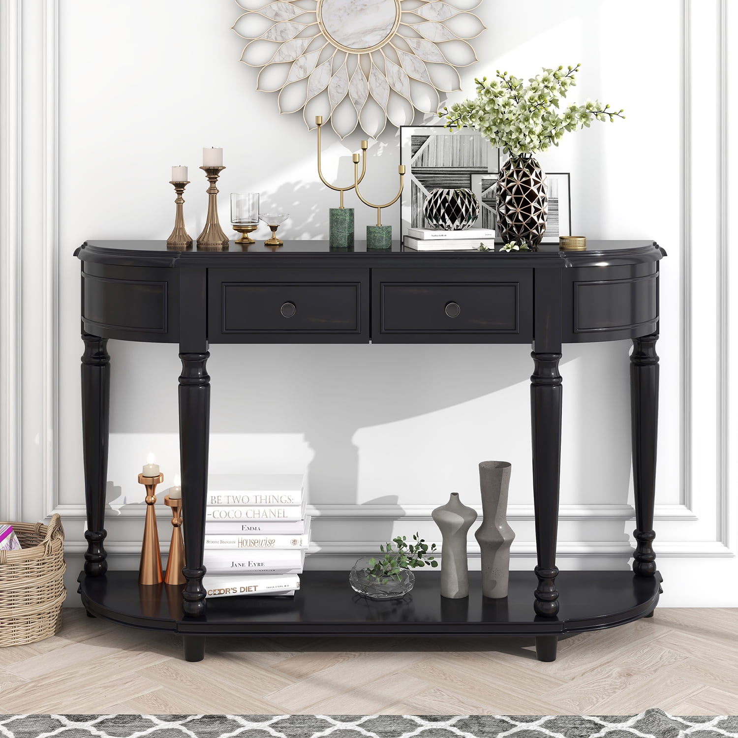 Churanty Retro Console Table Curved Entryway Table with Drawers and Open Style Shelf Wood Half