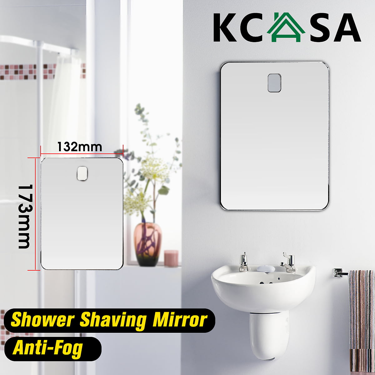 KCASA Fogless Shaving Shower Mirror Bathroom Anti-Fog Wall Suction Mount Hook 