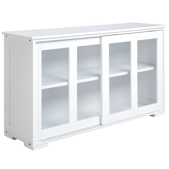 Modern White Kitchen Sideboard with Sliding Glass Doors & Adjustable Shelf | Stackable Storage Cabinet for Dining Room & Entryway | 42" W x 13" D