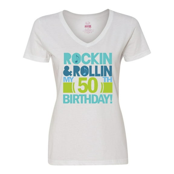 Inktastic 50th Birthday Rock N Roll Women's V-Neck T-Shirt