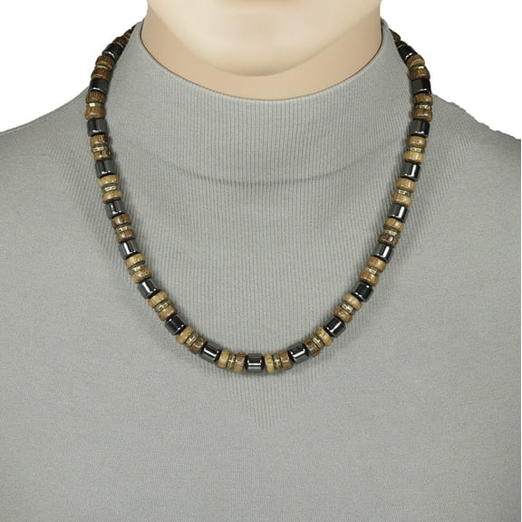 Unique Handmade Men’s Hematite and Wood Beaded Necklace – 20 inch