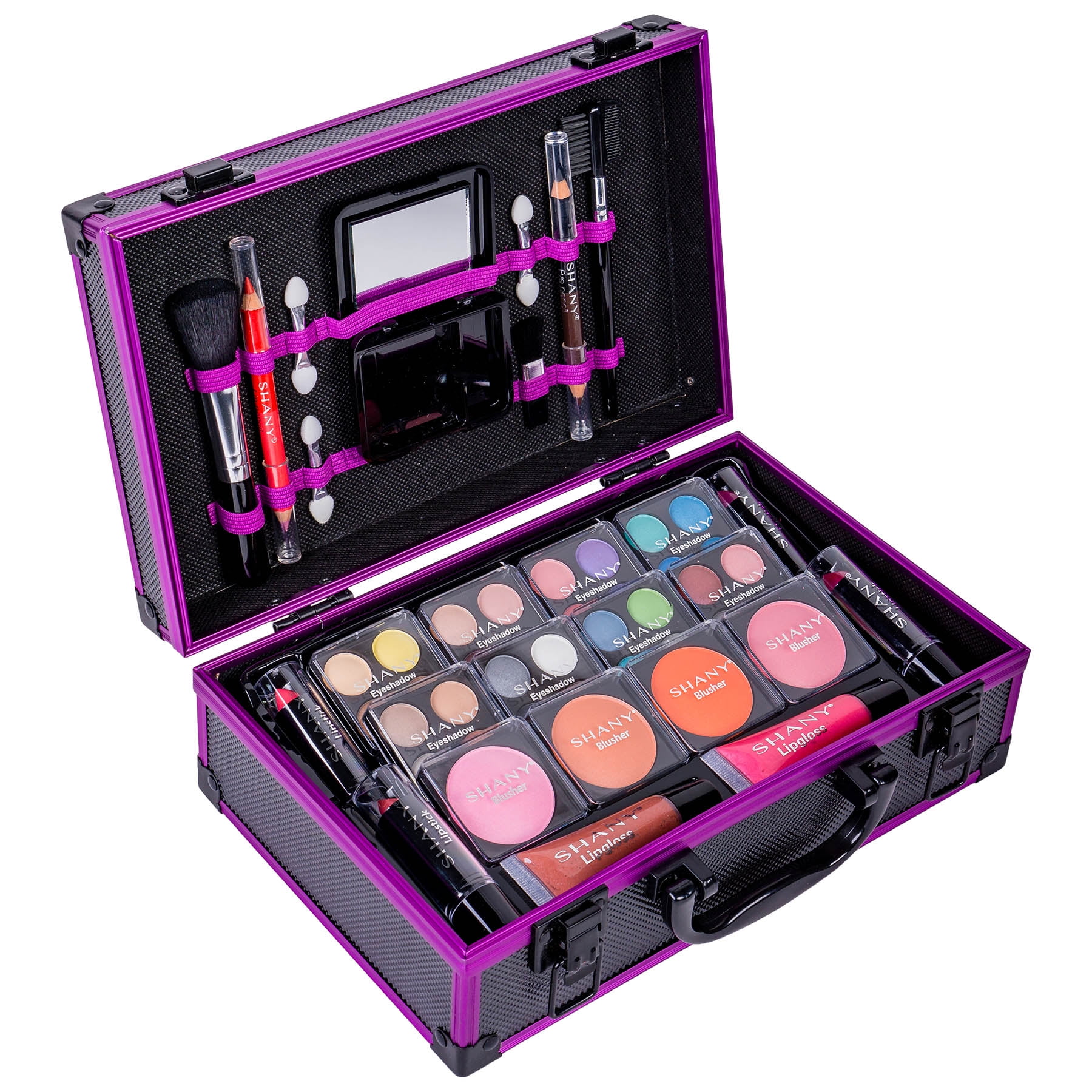 SHANY Carry All Make up Train Case with Pro Makeup Set , Beauty Brushes, Lipsticks, Eye Shadows, Blushes, Powders, and more - Reusable Cosmetics Storage Organizer - Premium Gift Packaging - Purple