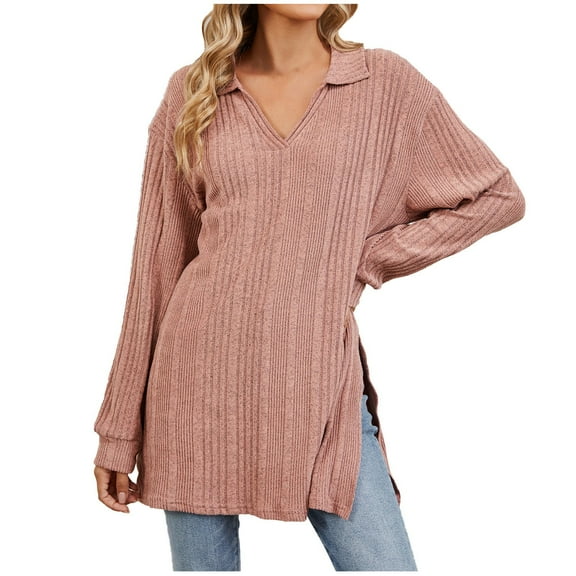 Annhoo Knitted Tops for Women Fall Long Sleeve Lapel V Neck T Shirts Trendy Side Slit Loose Soft blouses