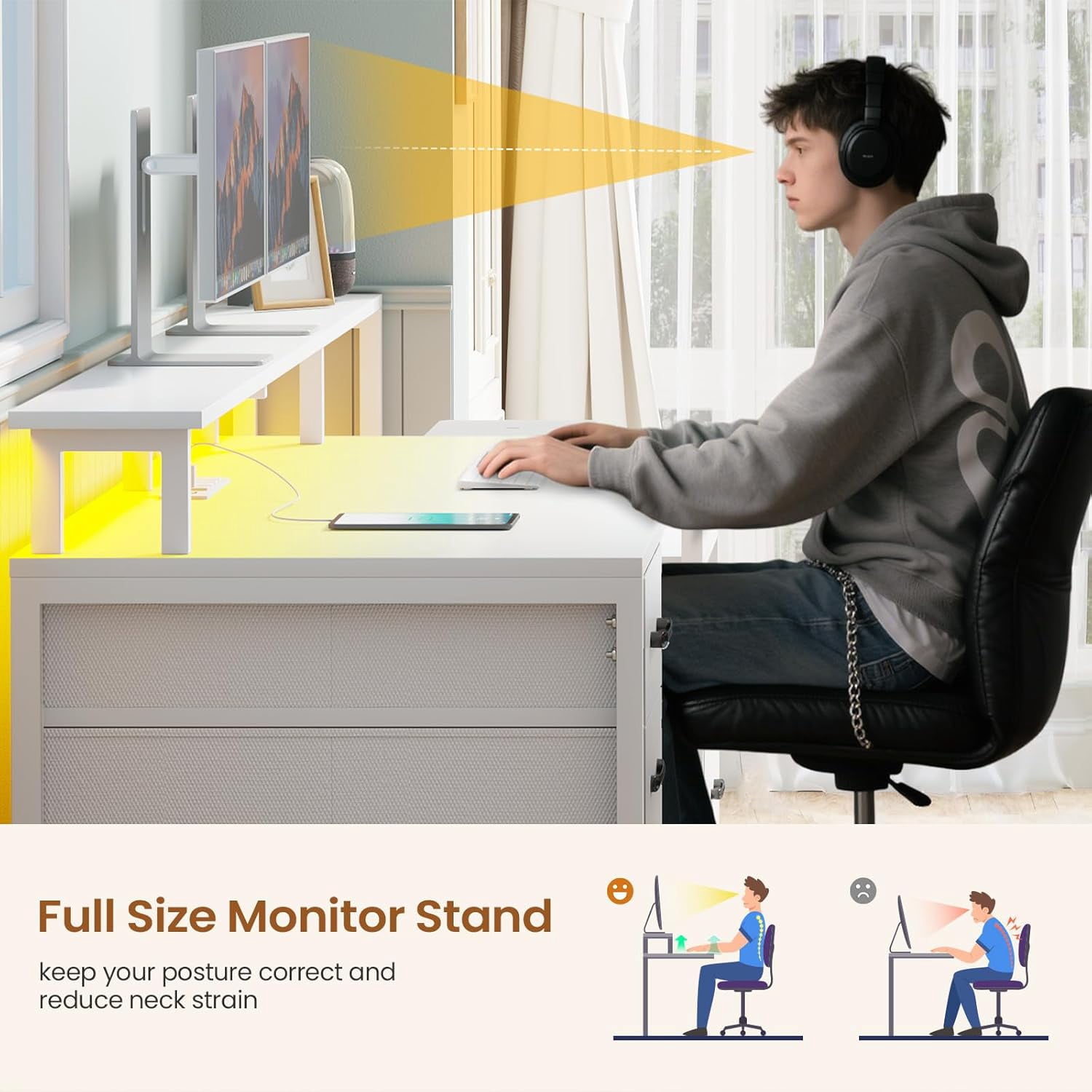 SEDETA White Computer Desk with 5 Drawer & Power Outlet & Monitor Shelf, Home Office Desk with File Drawer, Storage Shelves and Printer Cabinet, Gaming Desk with Led Lights