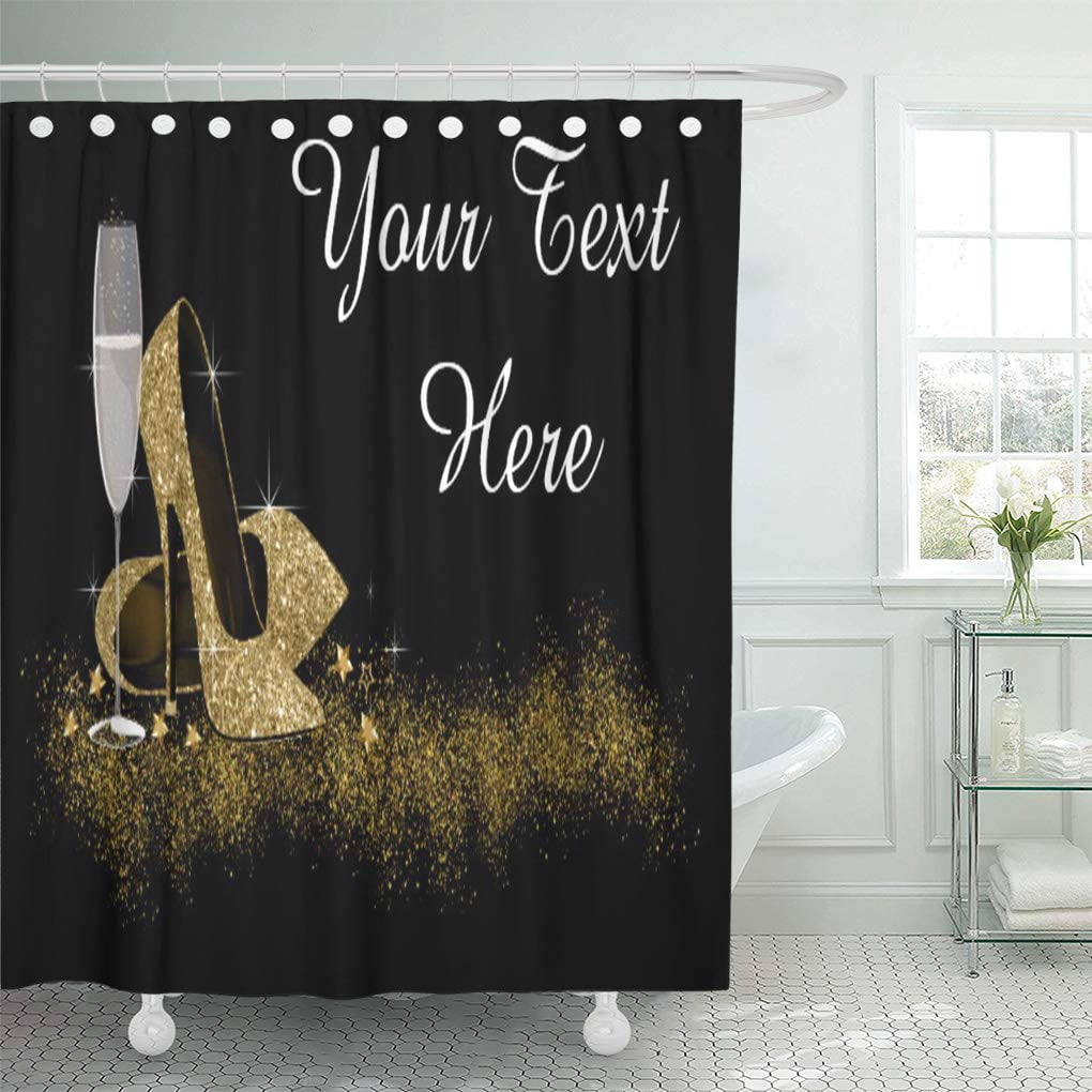 Black Background Letters Silver High Heel Shoes Fabric Shower Curtain Set 72x72" 