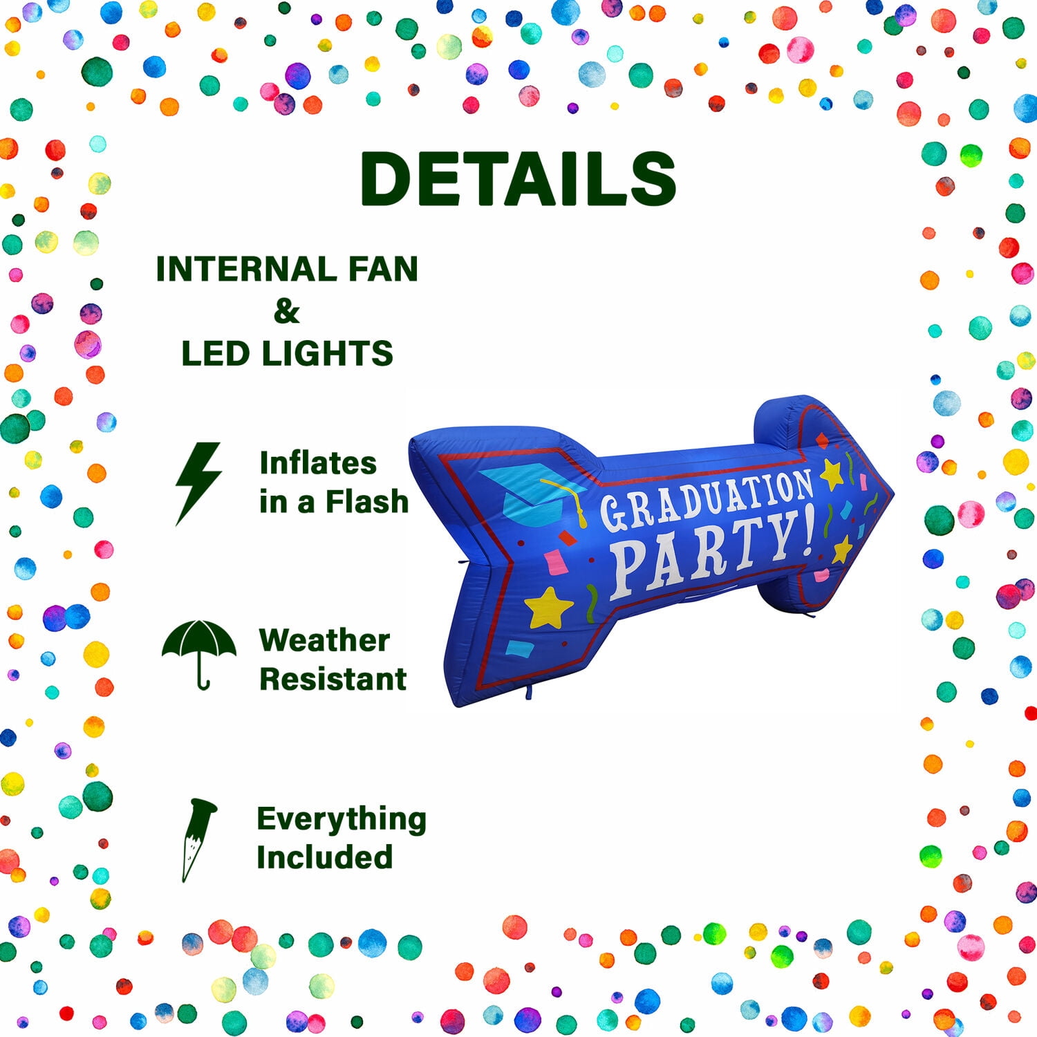 Fraser Hill Farm 8-Ft. Wide Graduation Party Arrow | Outdoor Blow-Up Inflatable with Lights | FHINGDPRTY081-L