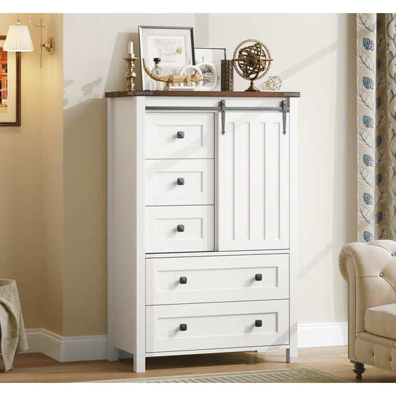 Juiluna Farmhouse 5 Drawer Dresser for Bedroom, 48 in Tall Wood Dresser Chest of Drawer with Sliding Barn Door, Adjustable Shelf, Storage Organizer for Bedroom, Hallway, Living Room, Kitchen, White