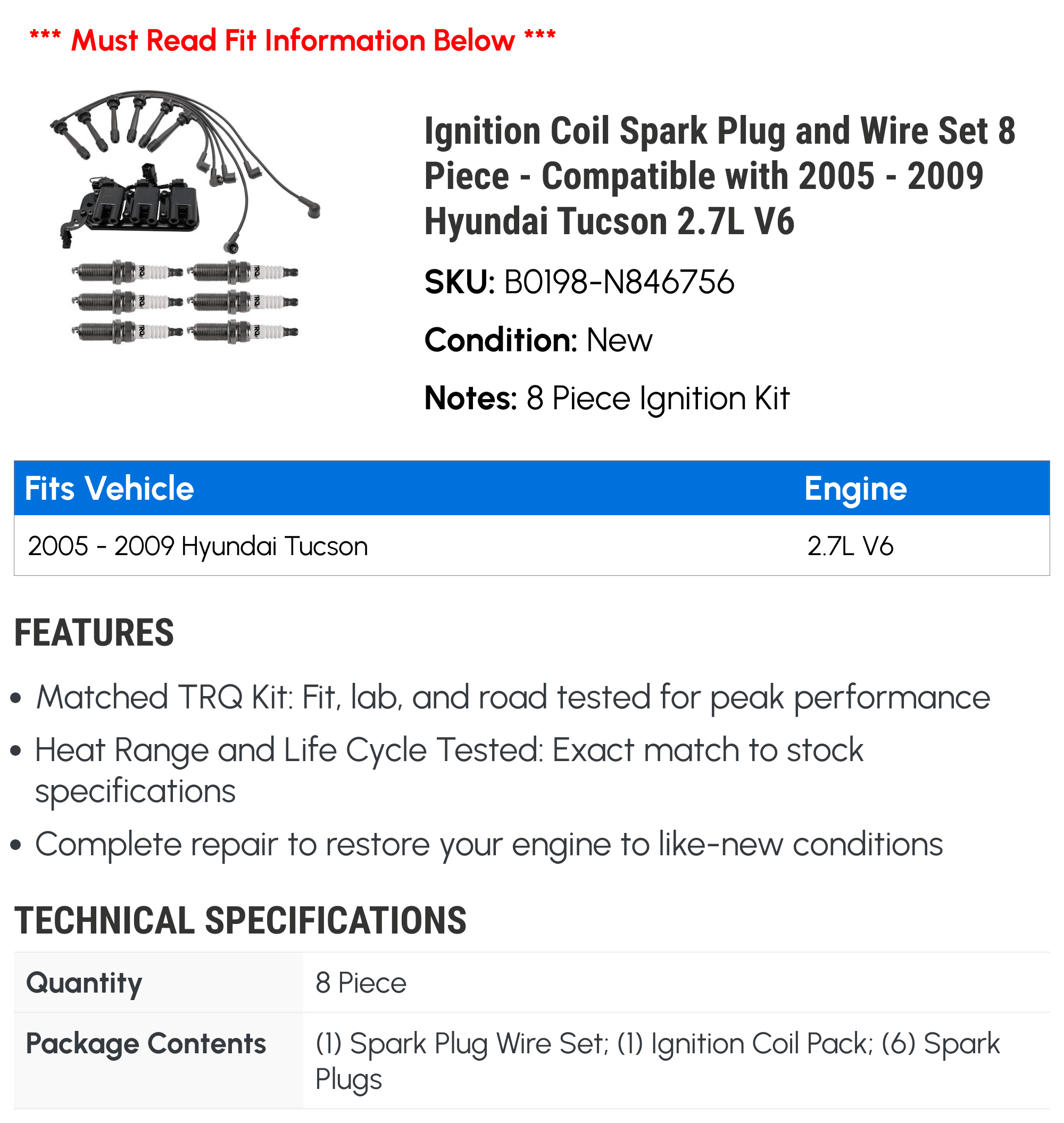 Ignition Coil Spark Plug and Wire Set 8 Piece - Compatible with 2005 - 2009 Hyundai Tucson 2.7L V6 2006 2007 2008