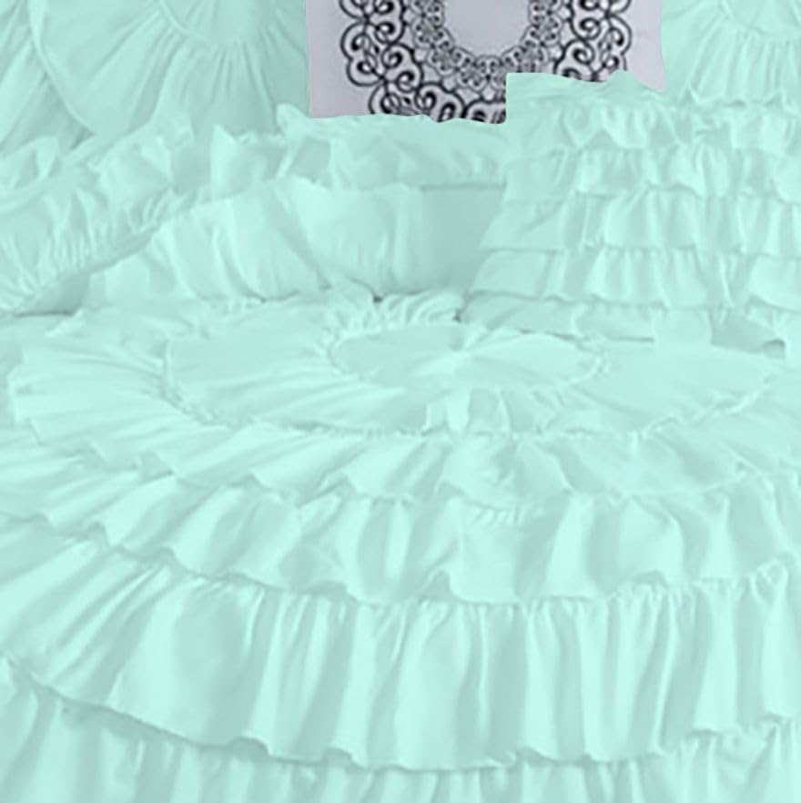 D.N.G. BEDDINGS 100% Egyptian Cotton 5 Piece Circle Ruffle Comforter Set with 1 Freebie Ruffle Pillow | 550 GSM Filled Microfiber - Twin/TwinXL Size, Aqua Blue Color - 800 Thread Count