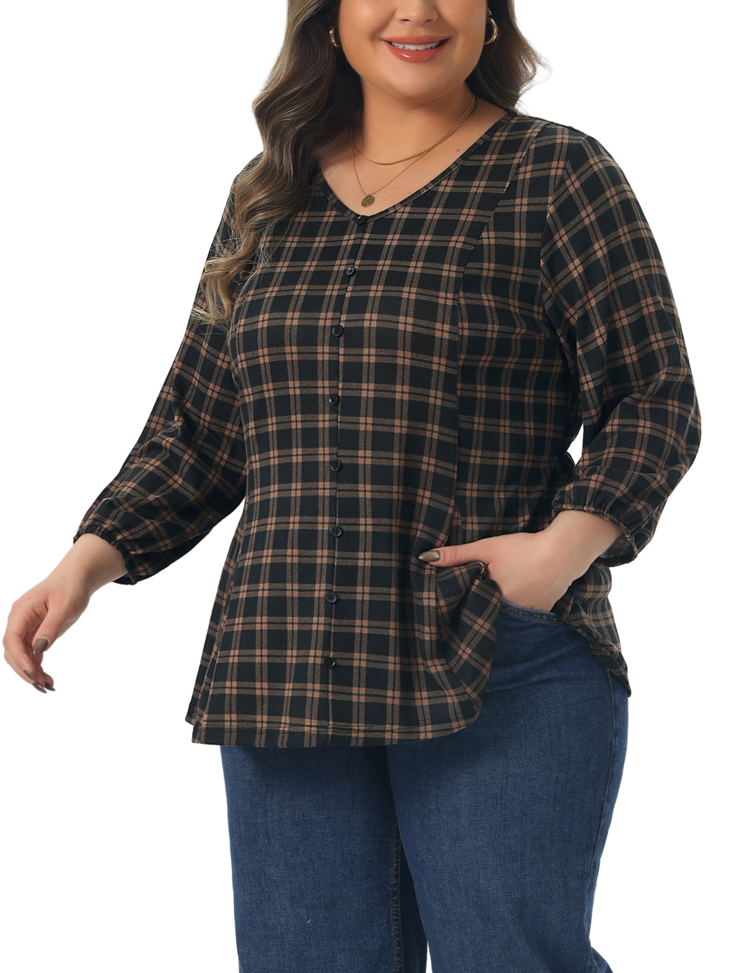 DARING DIVA Women's Plus 3/4 Sleeve V Neck Tunic with Decorative Buttons 1X Dark Brown