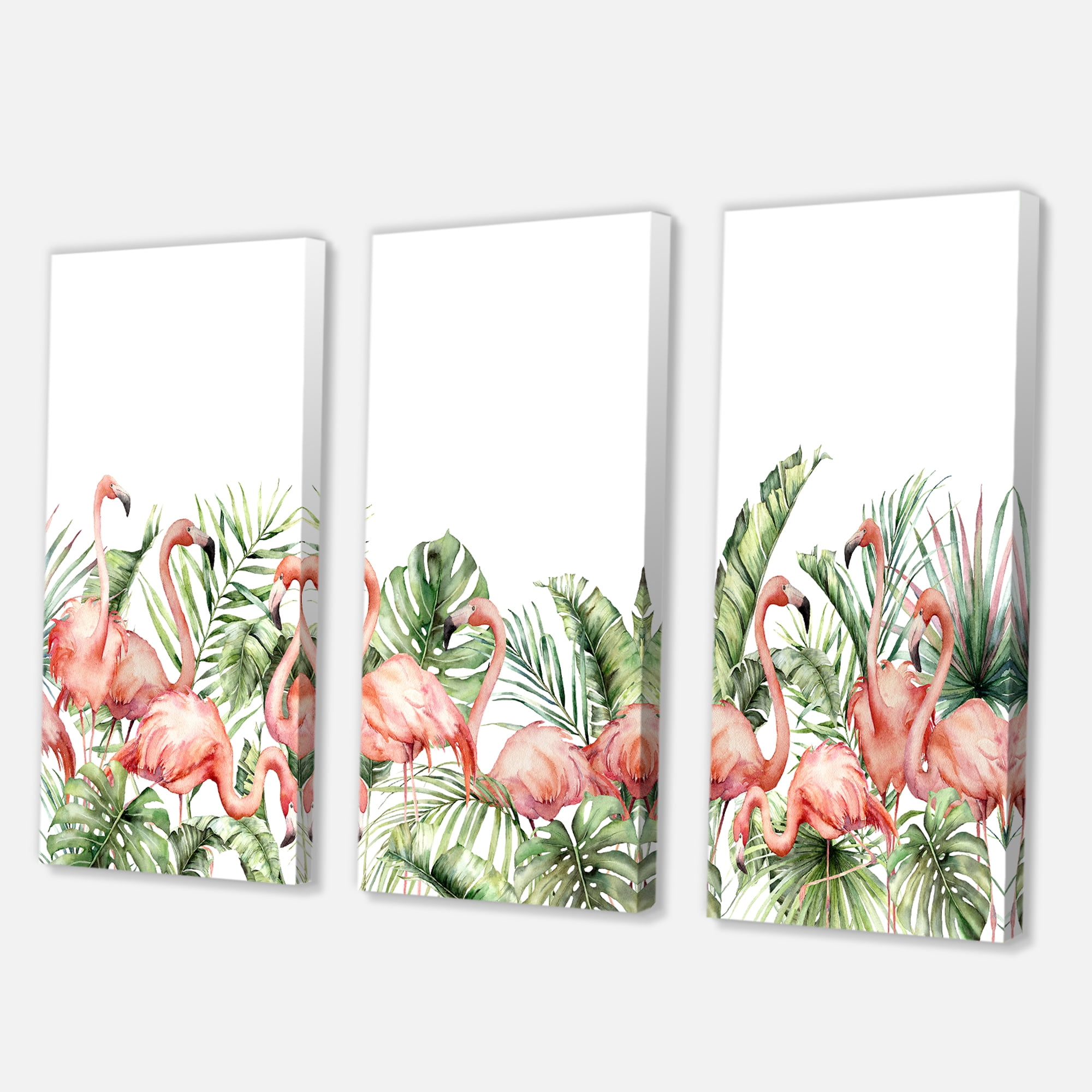 Designart ' Palm Leaves and Pink Flamingos Tropical Birds ' Traditional Canvas Wall Art Print