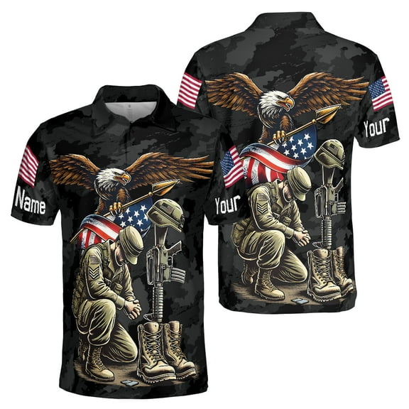 Lotusprinthandmade Personalized US Veteran Eagle Men Polo Shirt (Lightweight) S-5XL Multicolor (S), custom name veteran eagle polo, america flag eagle polo shirt