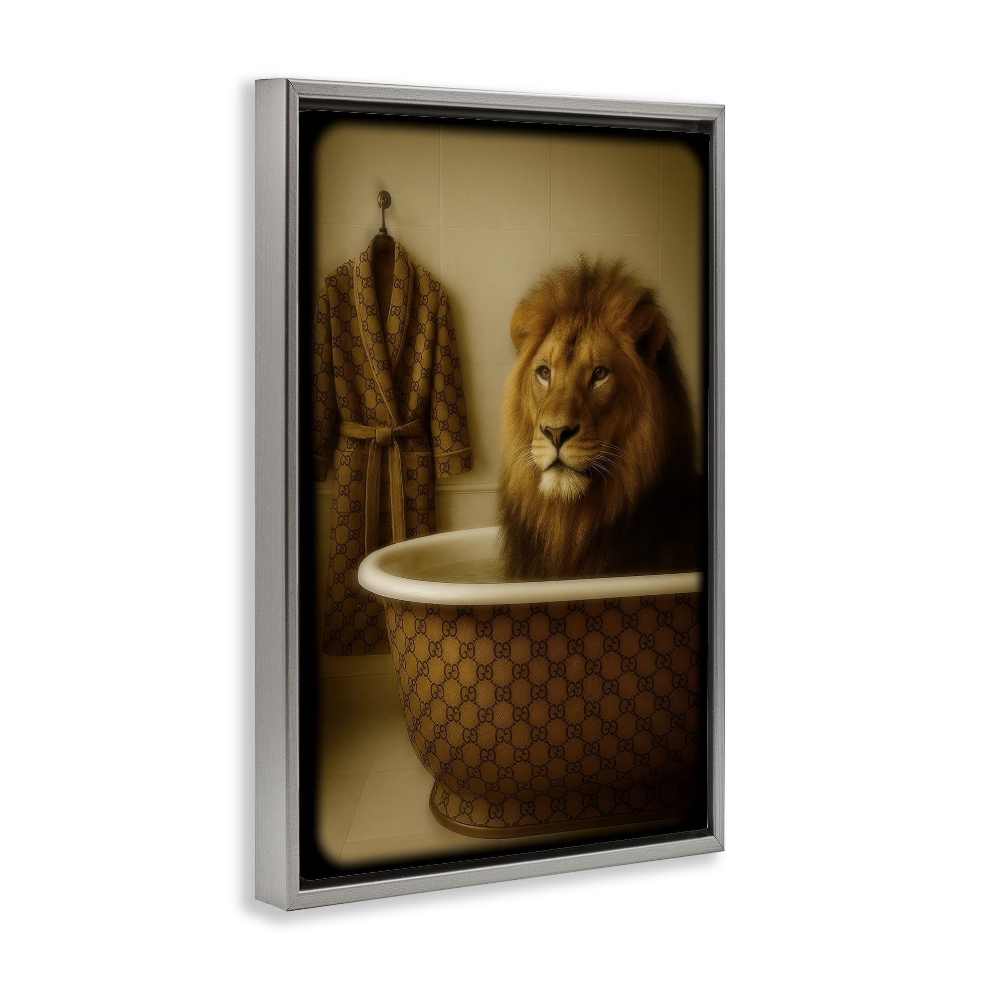 Stupell Industries Couture Lion in Luxury Tub Gray Framed Floater Canvas Wall Art, design by Grotto Studios