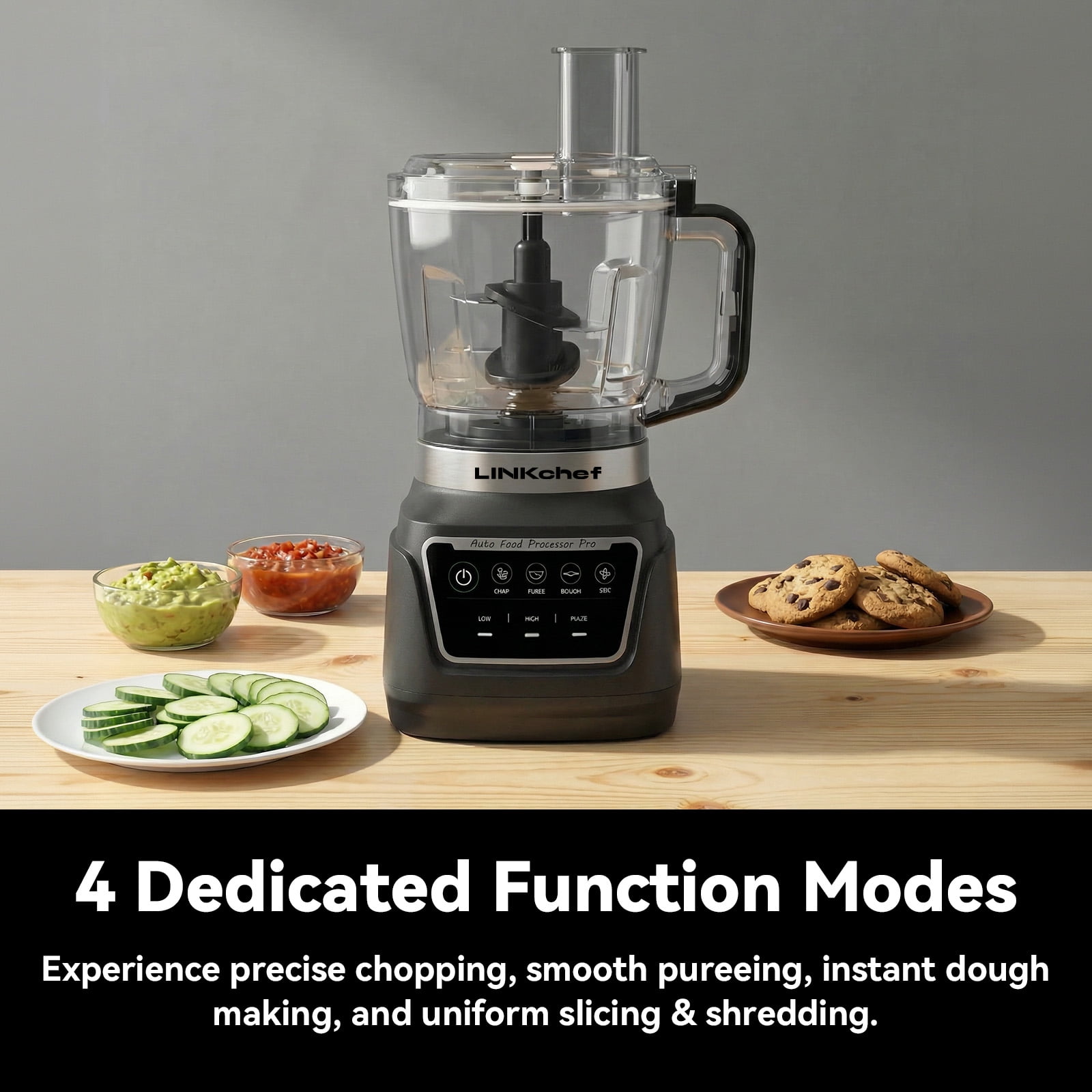 LINKChef 1000W 9-Cup Food Processor & Vegetable Chopper, 4 Presets (Chop, Slice, Puree, Dough), 3-Speed, Slicing/Shredding Disc, Kneading Blade