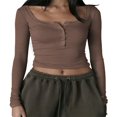 thumbnail image 1 of Women Square Neck Slim Shirt Long Sleeve Button Front Crop Tops Fitted Ribbed Low Cut Layering Tight Basic Tee Black M, 1 of 5