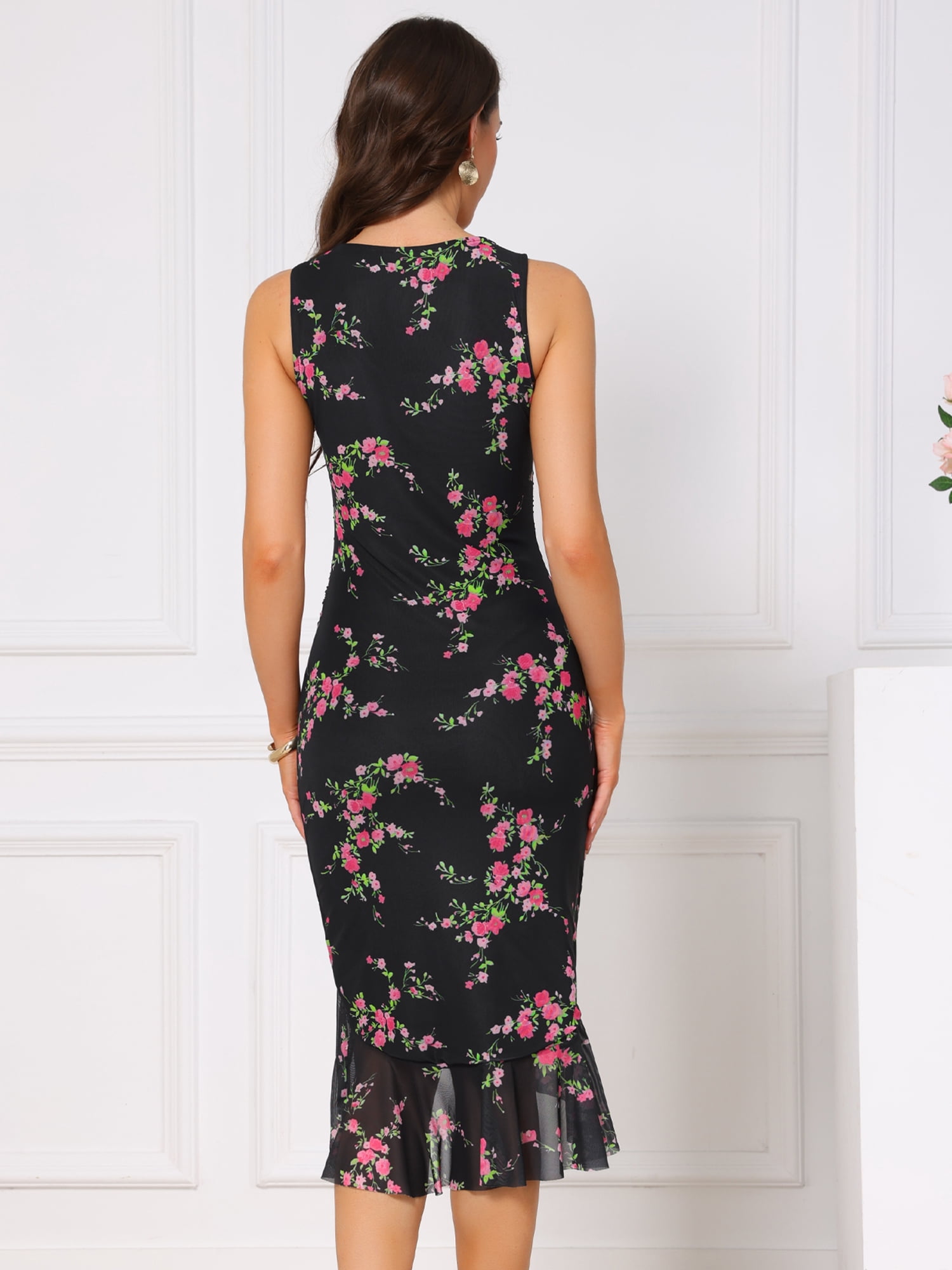 DARING DIVA Women's Summer Floral Bodycon Sleeveless Square Neck Dress XL Black