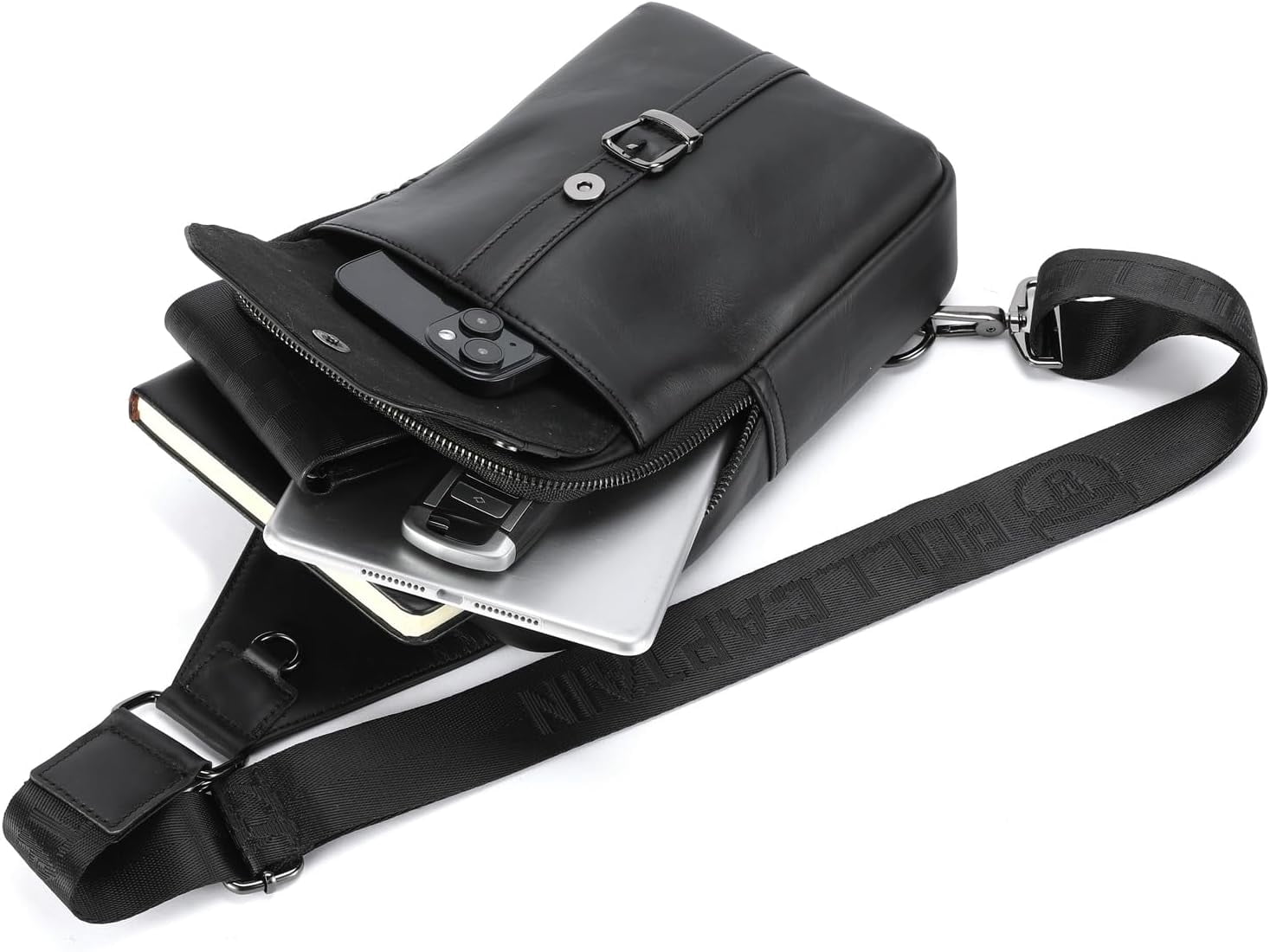 BULLCAPTAIN Men's Leather Samll Crossbody Backpack Sling Chest Bag for Hiking Travel