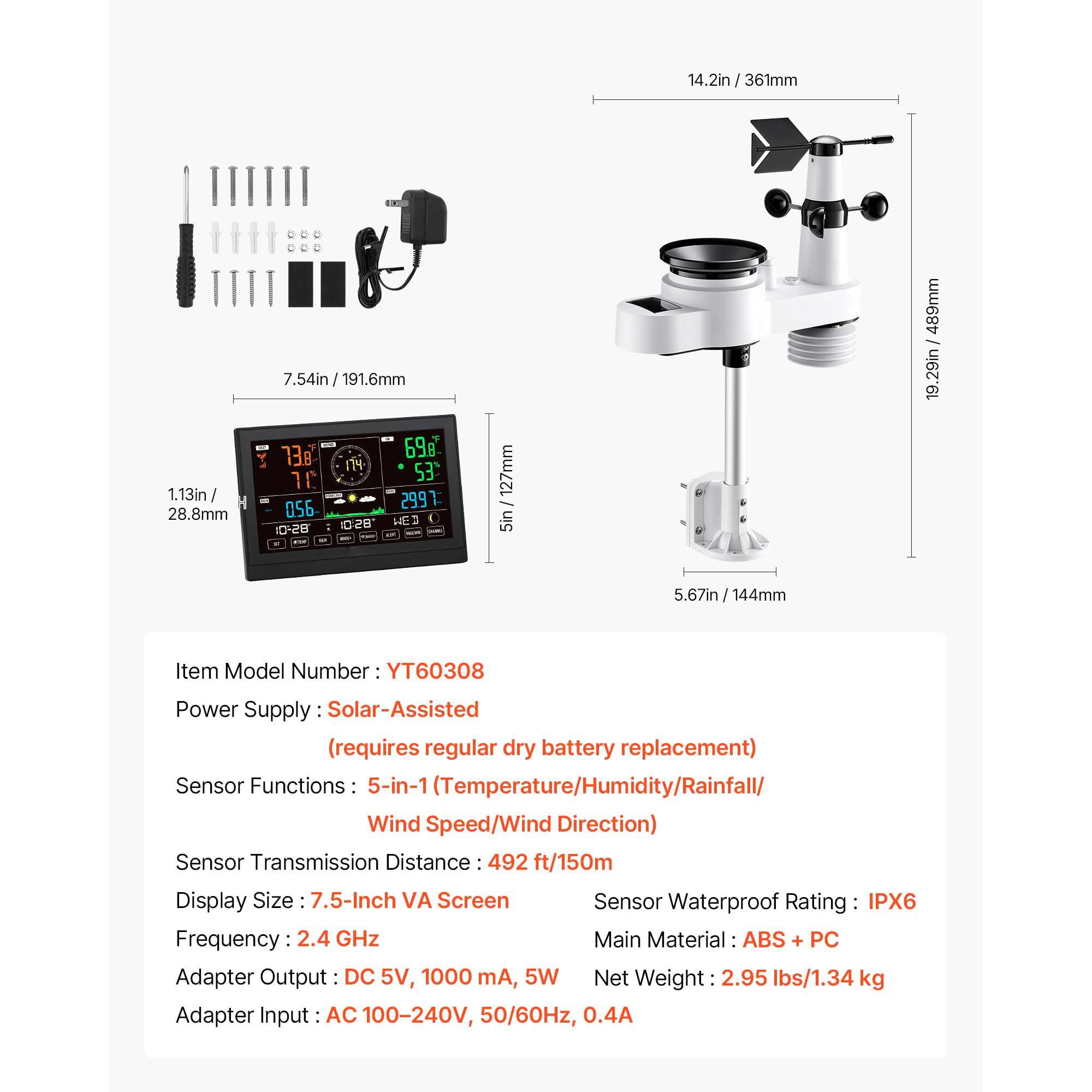 Dranite 5-in-1 Wi-Fi Weather Station with 7.5" VA Display & Solar Sensor - Wireless Monitor for Wind, Rain, Temp, Humidity