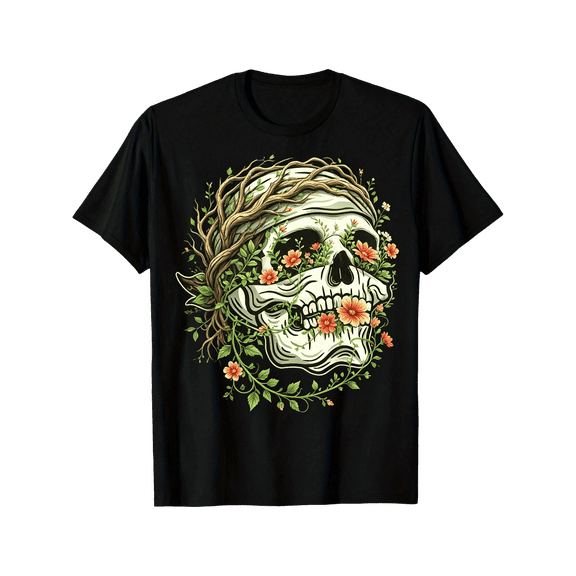 Men Black Crew Neck Graphic T-Shirt, Vintage Floral Skull Twisted Tree Vine Flower Print, Durable Nature Gothic Streetwear Casual Daily Machine Washable Short Sleeve Tee For Halloween & Theme Occasio