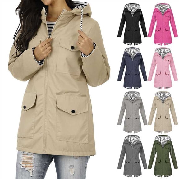 Jackets for Women Trendy Casual Outdoor Plus Size Hooded Waterproof Regular Long Sleeve Solid Color with Pockets