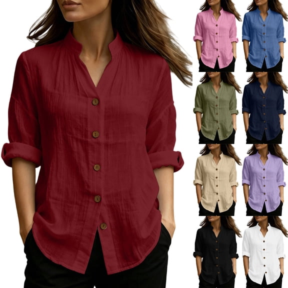 ClodeEU Women's V Neck Long Sleeve Button Down Shirt,Casual Loose Blouse Army Green,Women's Plus L
