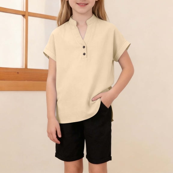 Short Sleeve Blouse for Girls V-Neck Button Collar Rolled Cuffs Top Kids Daily School Playwear Comfort Summer Casual Clothes for Teen