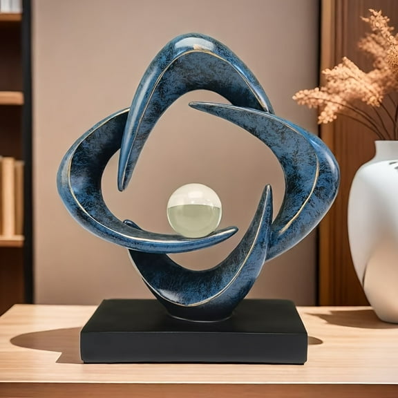 Luxury Resin Art Sculpture with Blue & Golden Glossy Finish – Elegant Abstract Design for Living Room, Wine Cabinet, TV Stand, or Office Decor