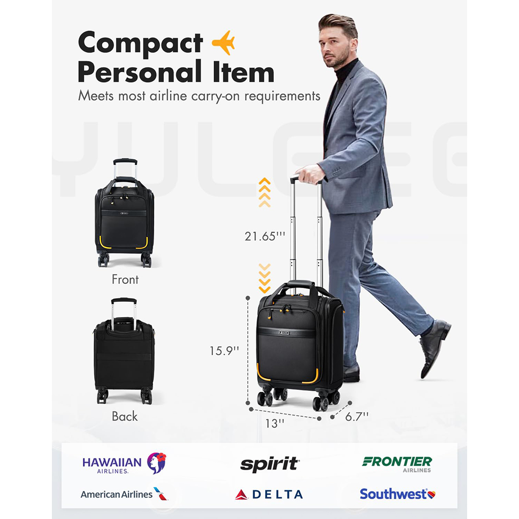 Underseat Carry On Luggage with Spinner Wheels,16 Inch Softside Suitcase with Detachable Sleeve, Lightweight Travel Luggage Airline Approved for Men Women, Black